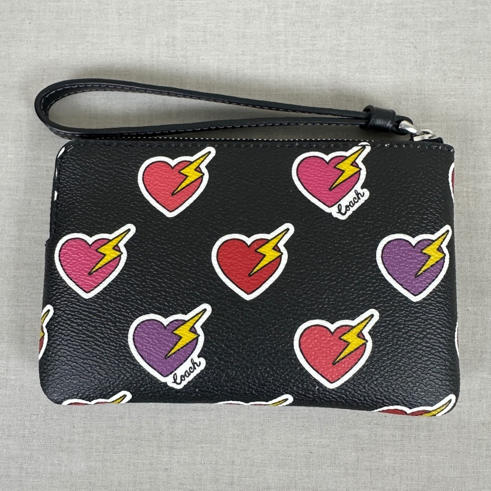 Coach‎ Women's Small Wristlet Black Heart Lightning Bolt Print Leather